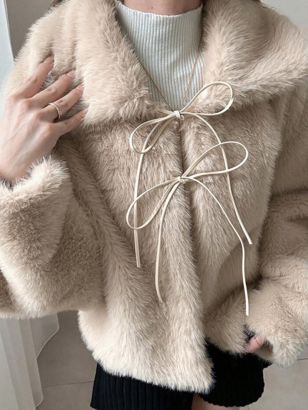 Women's Solid Color Lapel Drawstring Tie Casual Versatile Faux Fur Jacket